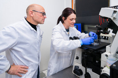 Alain Wagner observe un criblage à haut débit de cellules